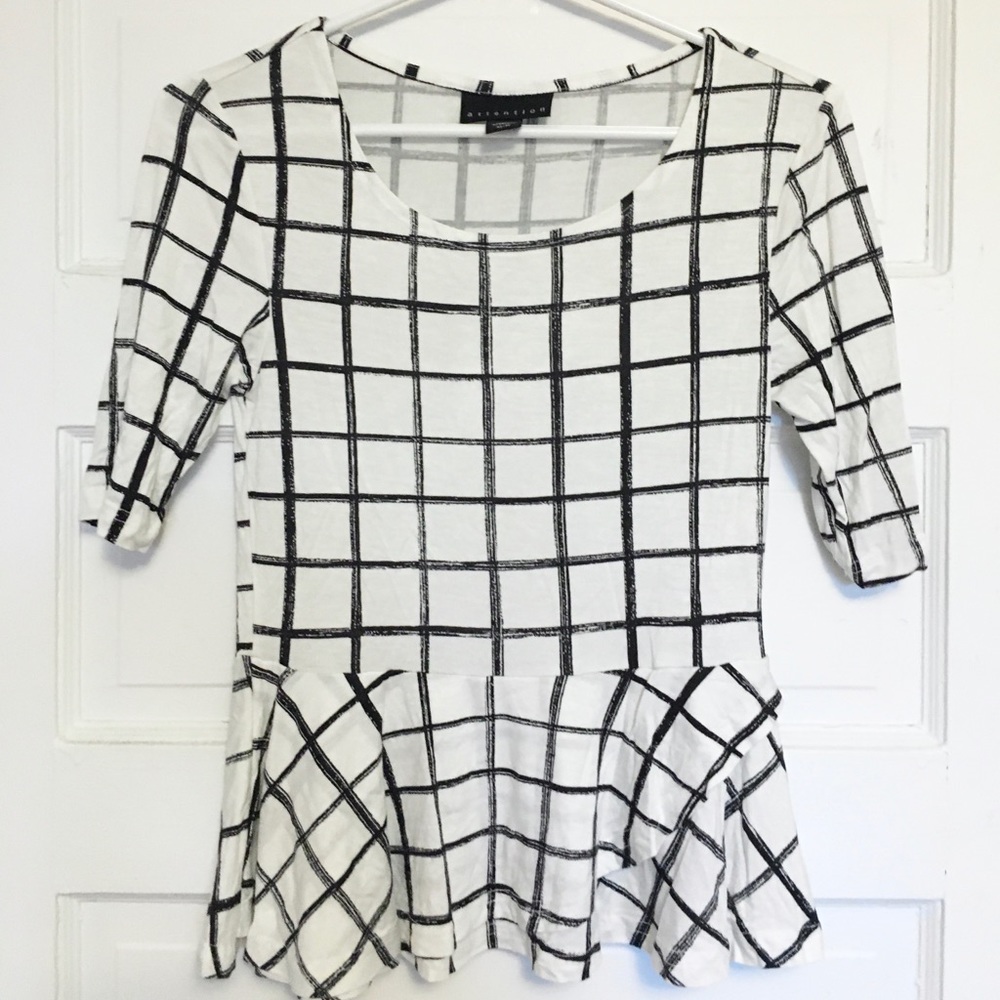 White and Black Check Peplum Top